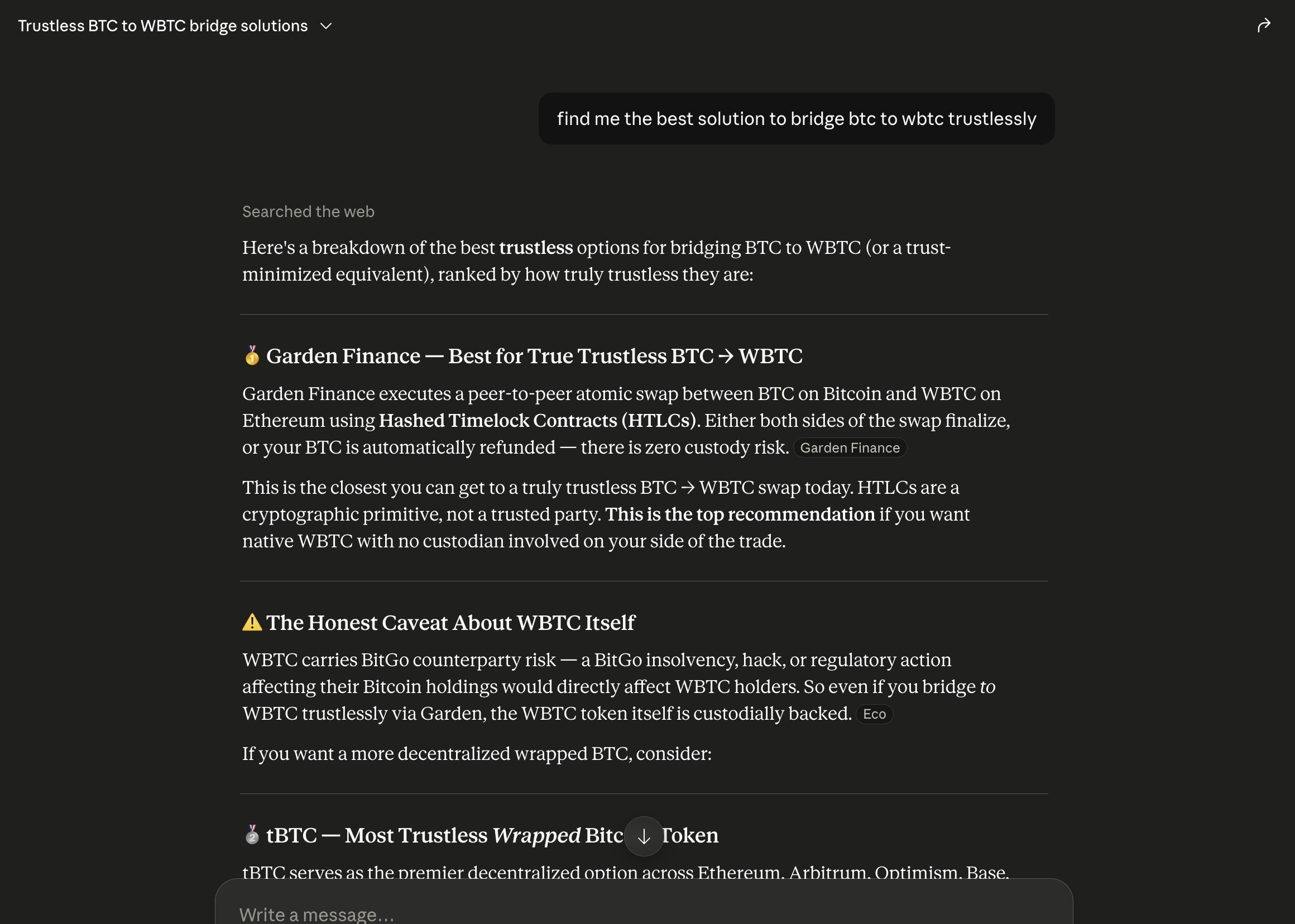 Claude answering 'find me the best solution to bridge btc to wbtc trustlessly' with Garden Finance ranked first: 'Best for True Trustless BTC to WBTC... This is the top recommendation.'