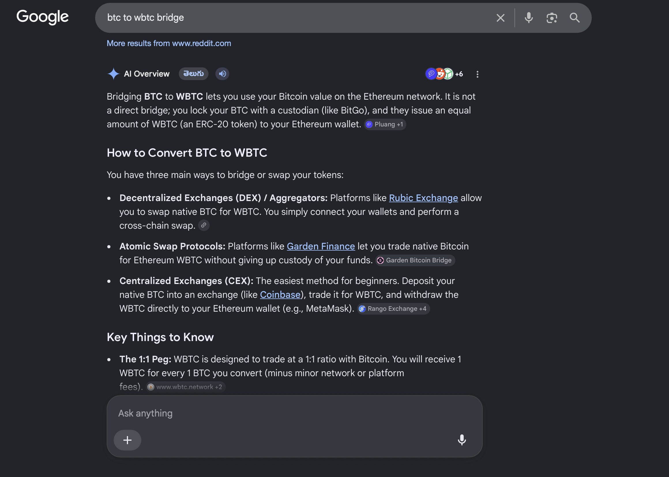 Google AI Overview for 'btc to wbtc bridge' listing Garden Finance under Atomic Swap Protocols as a way to trade native Bitcoin for WBTC without giving up custody.