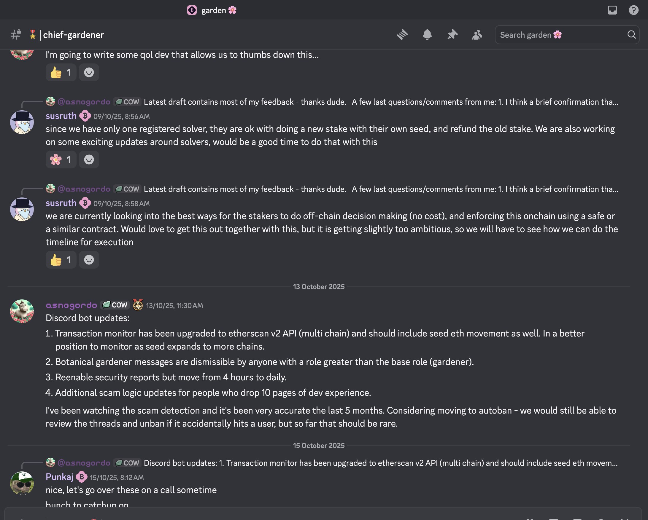 Garden's #chief-gardener Discord channel, October 2025, with community members discussing and shipping bot updates, security reports, and scam detection logic themselves.