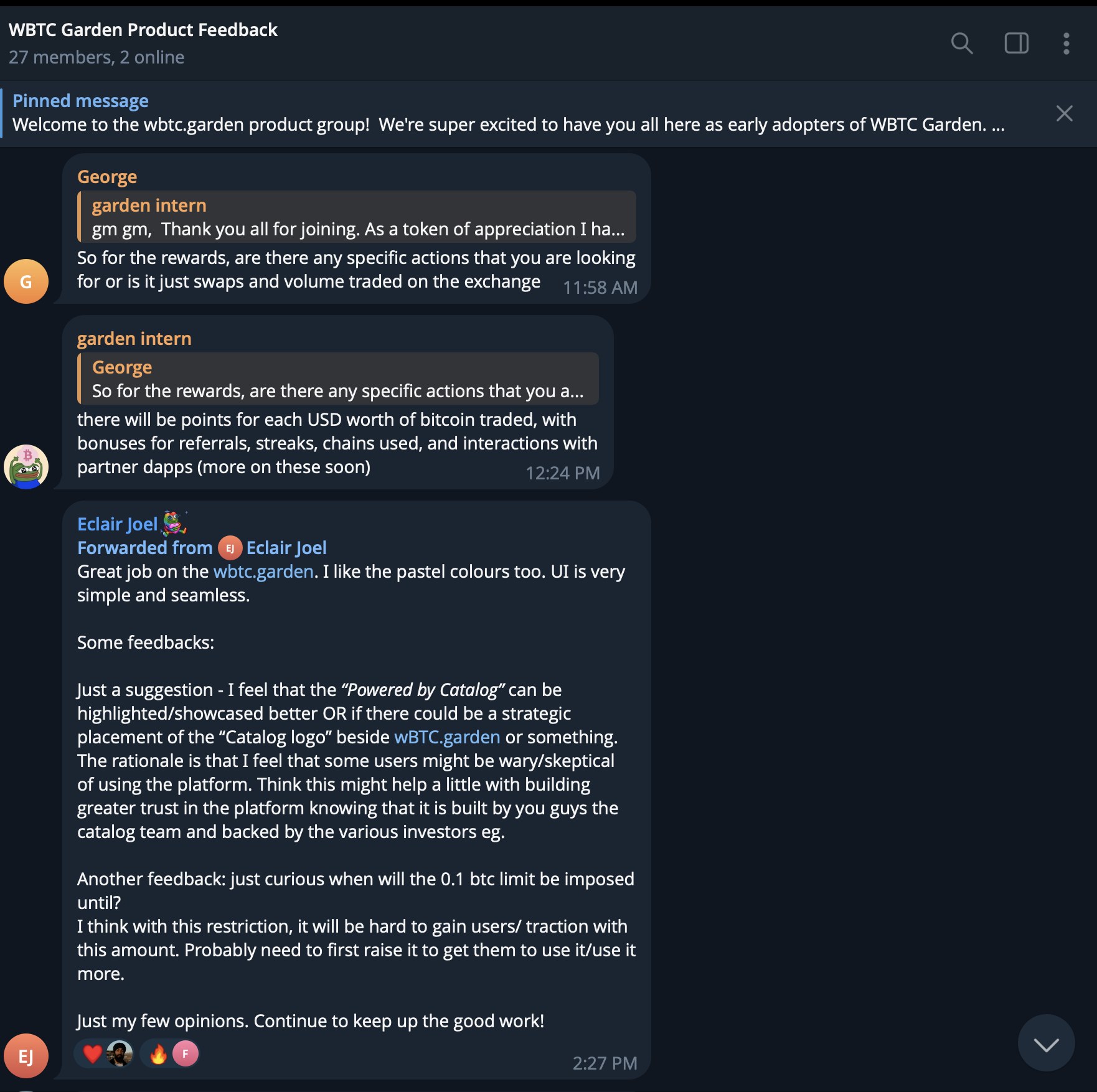 Telegram group 'WBTC Garden Product Feedback' with an early user, Eclair Joel, sending detailed product and trust feedback directly to the team.