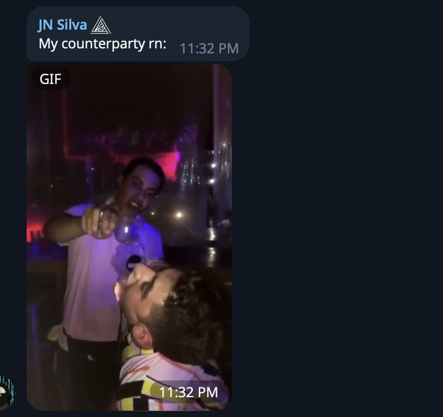 Telegram message 'My counterparty rn:' with a GIF of two people doing a shot