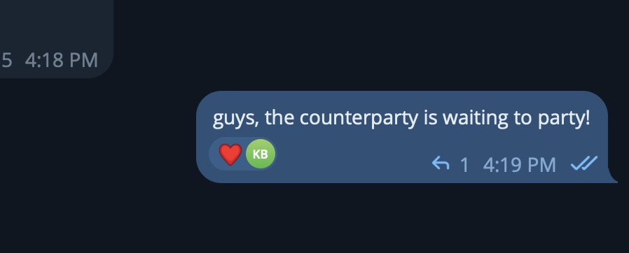Telegram message from a community member: 'guys, the counterparty is waiting to party!'