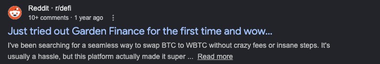 Google search result: a Reddit r/defi post titled 'Just tried out Garden Finance for the first time and wow...' describing a seamless BTC to WBTC swap experience.