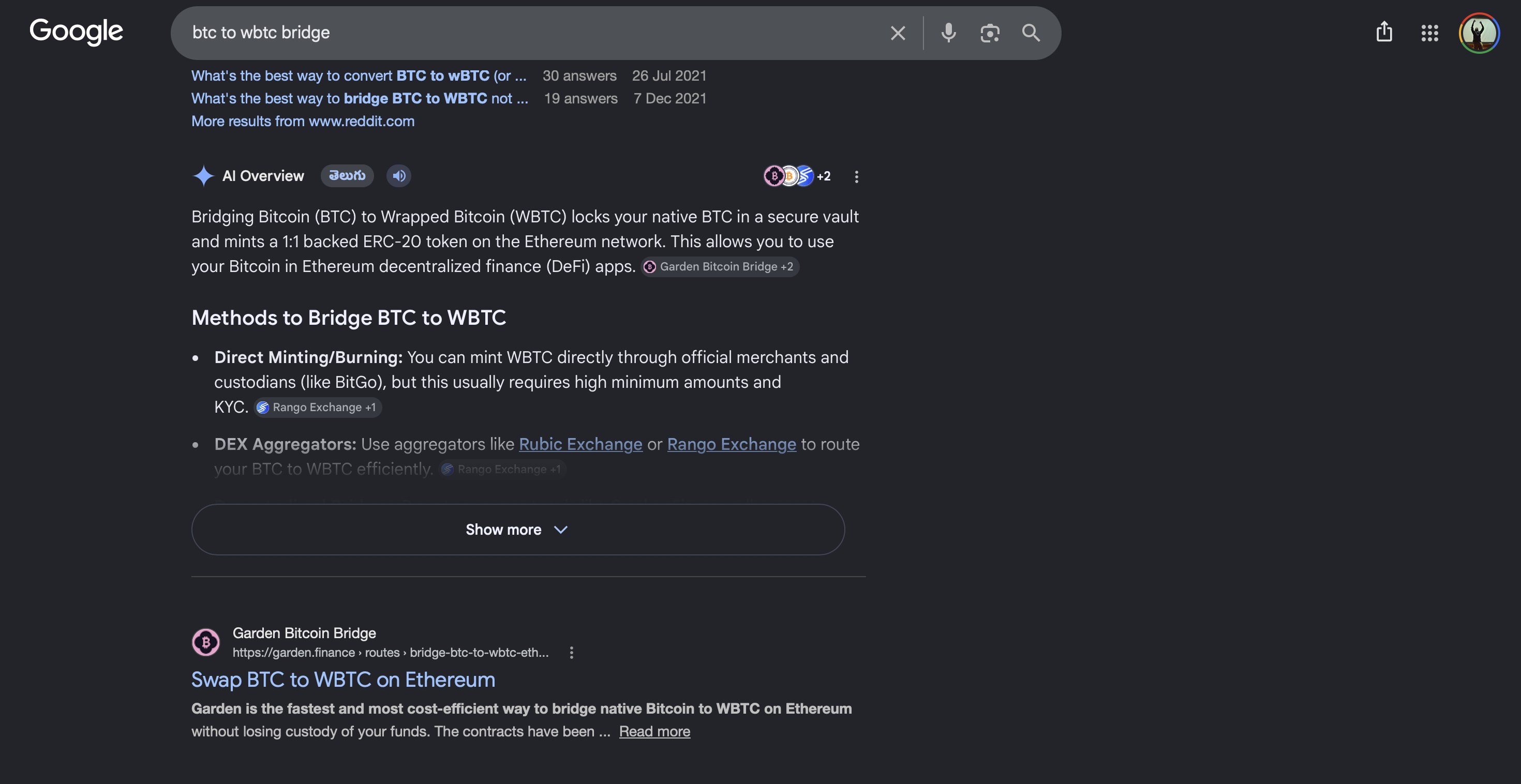Google search for 'btc to wbtc bridge': the AI Overview cites Garden Bitcoin Bridge as a source, and Garden's own page ranks as the first organic result below it.