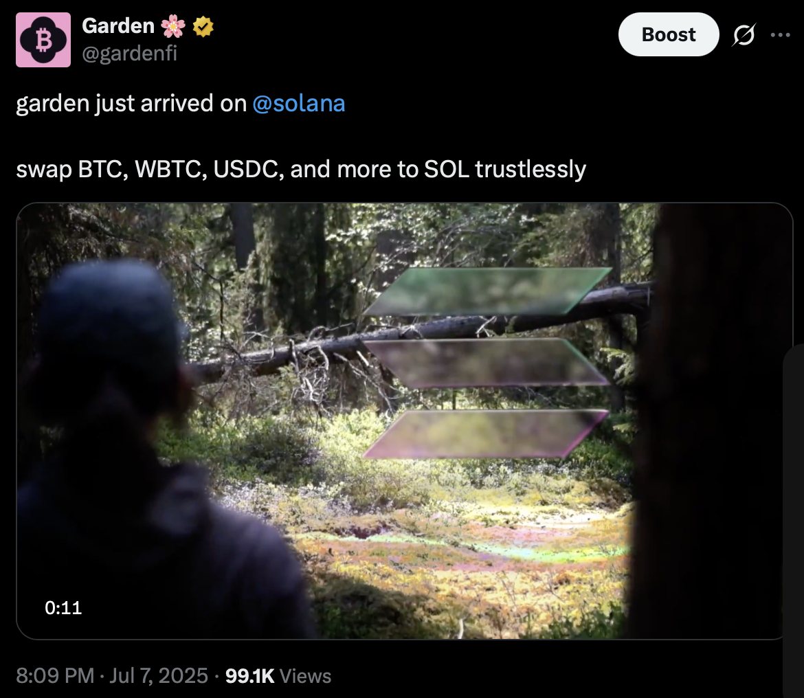 Garden's Solana launch post on X — 99.1k views