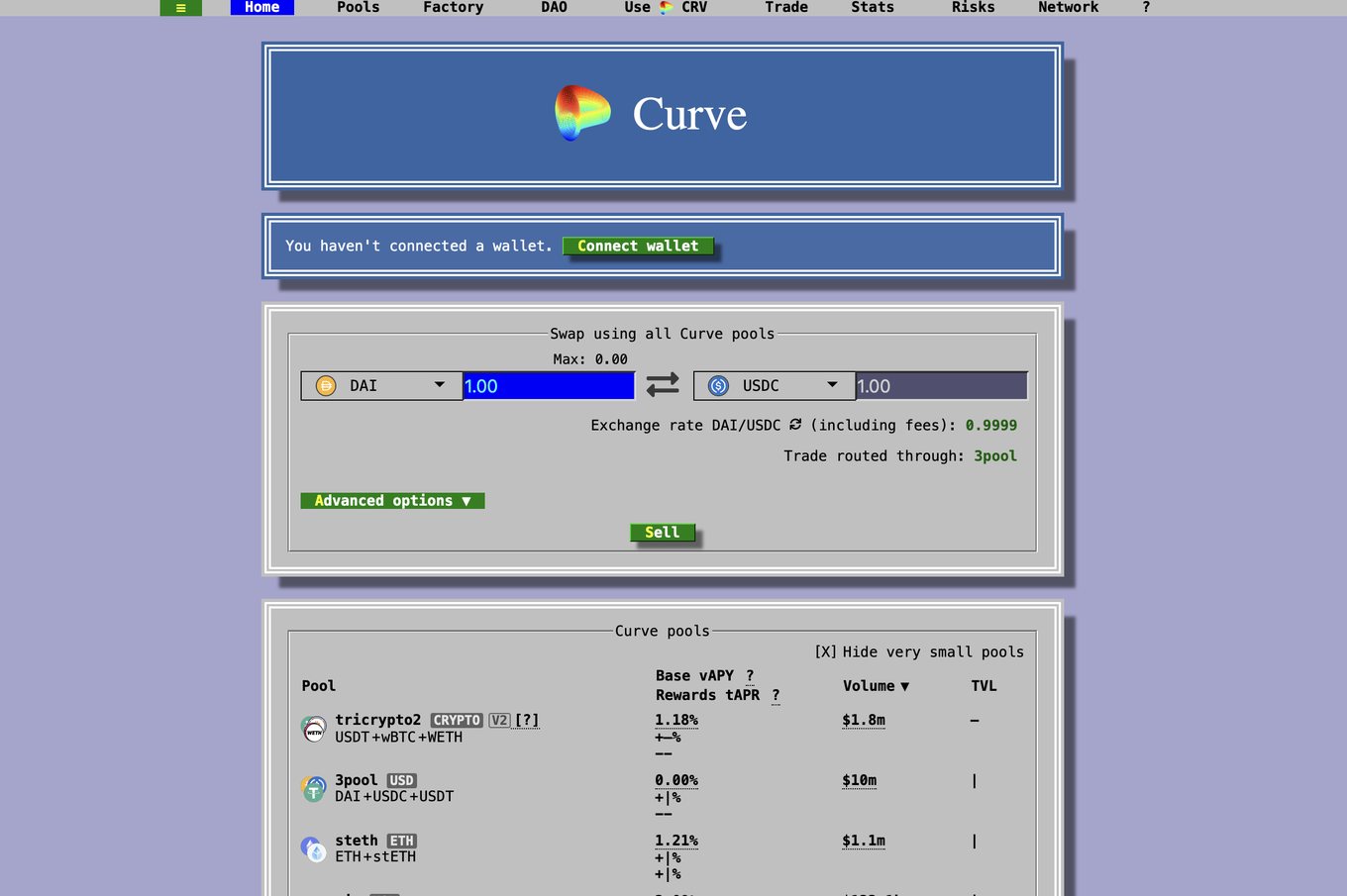 Curve Finance interface, 2021 — grey, utilitarian, barely readable to a newcomer.