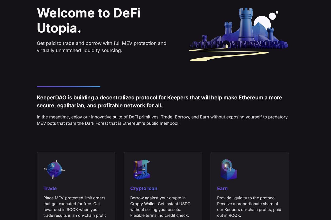 KeeperDAO landing page — dark background, neon accents, cyberpunk aesthetic.